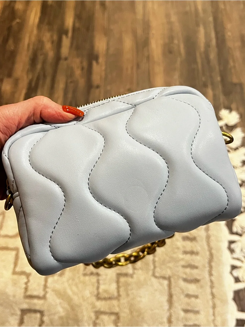 Zara Quilted Light Blue Crossbody Bag with Gold Chain